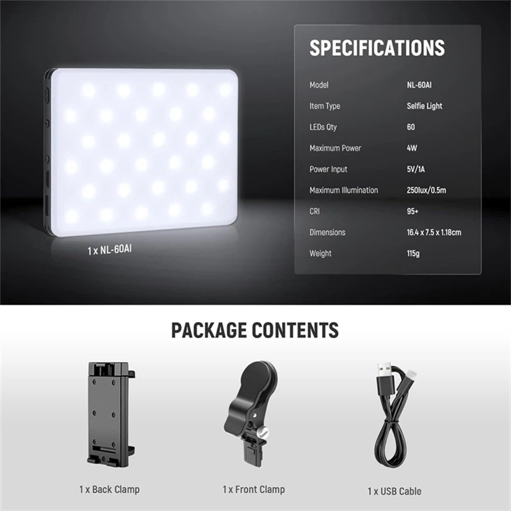 Dual Clip 60LED Rechargeable Light For Phone/Tablet/Laptop Video high quality